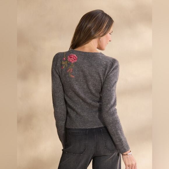 Sundance Evermore Bloom Embroidered Floral Charcoal Sweater size medium - Picture 2 of 11